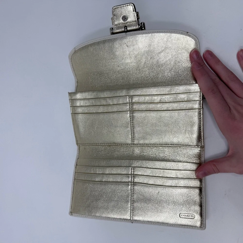 Coach Y2K Soho White with Gold Shimmer Leather Buckle Slim Envelope Wallet